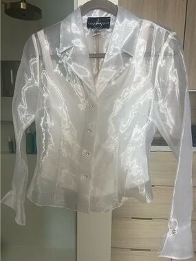 JS Collections White Sheer Organza Crystal Button-Front Blouse
